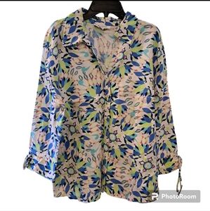 JM collection 100% Linen top shirt  button down floral  size 12